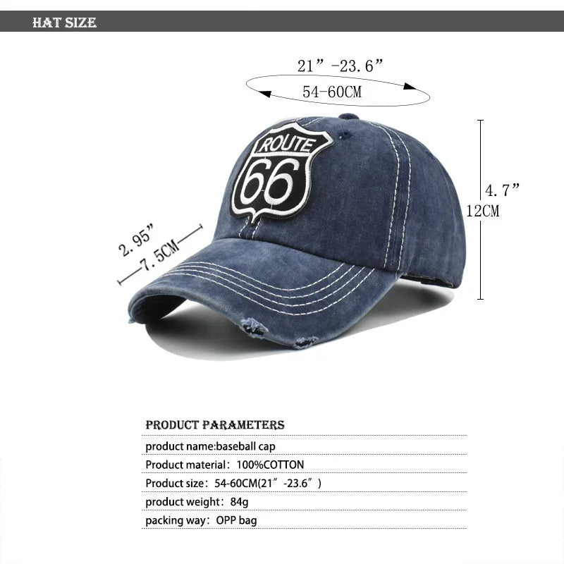 Embroidery Letters ROUTE 66 Baseball Cap Spring Autumn Brand Snapback Fashion Distressed Cotton Hat For Women Men Casquette Vedee