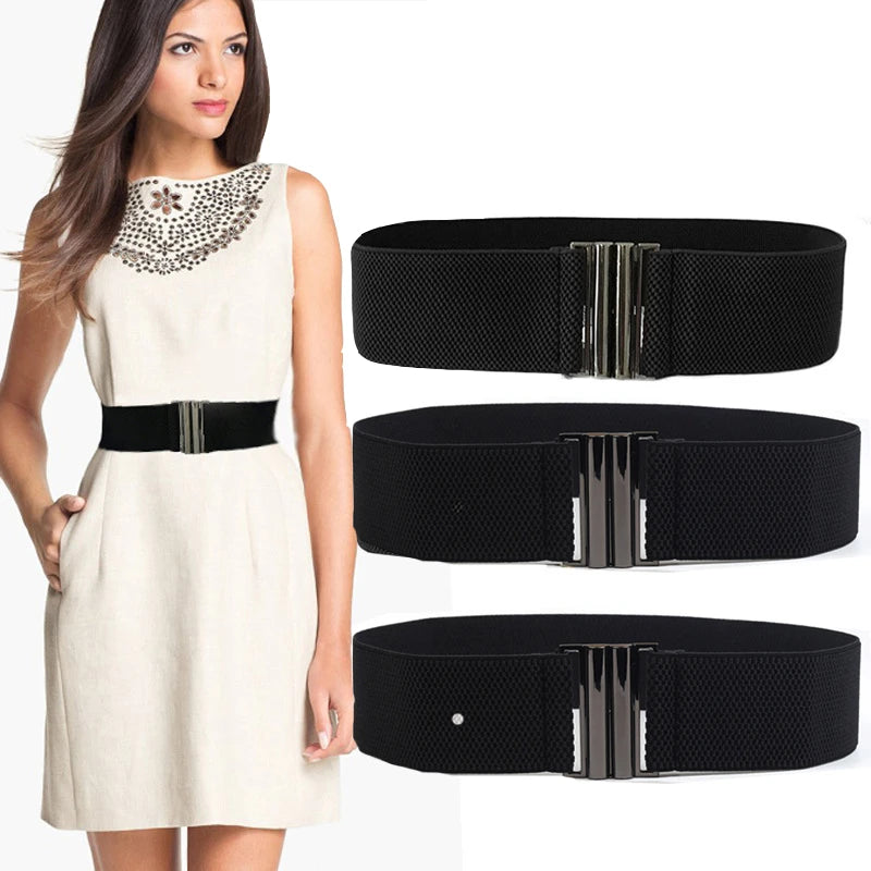 Women Elastic Band Wide Belts Simple Down Coat Waist Belt Female Buckle Black Strap Dress Decoration Accessories Vedee