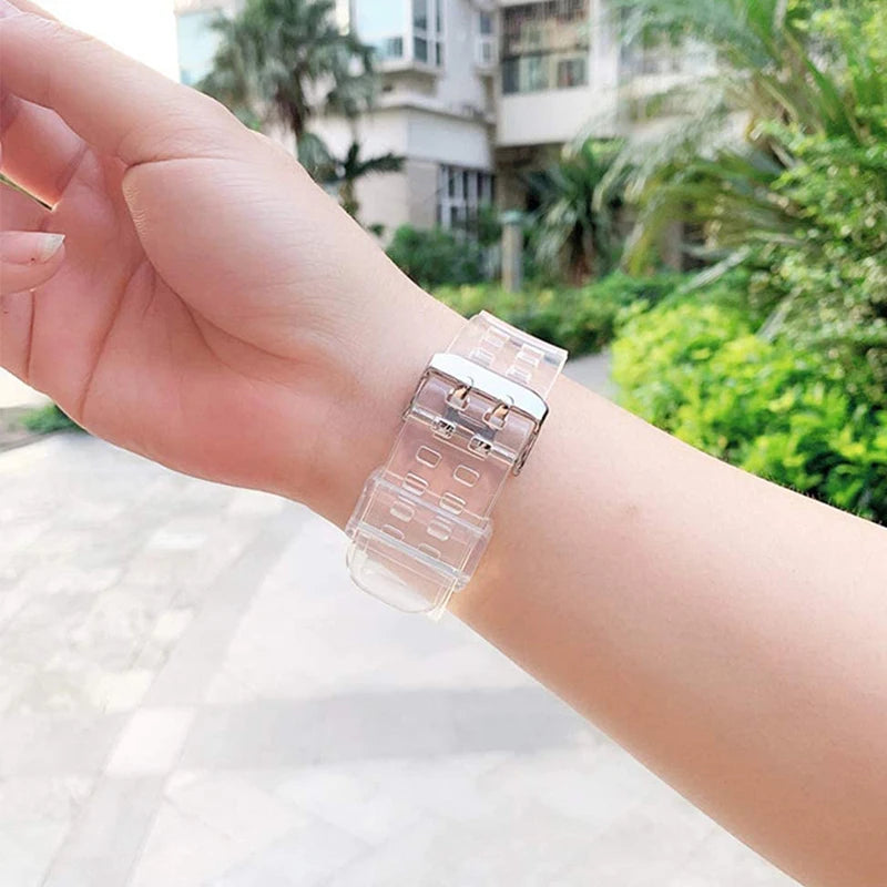 Clear Band + Case for Apple Watch Series 9 8 7 6 SE 5 49mm 45mm 44mm 42mm 41mm Transparent for iwatch 3 38mm 40mm Plastic Strap Vedee