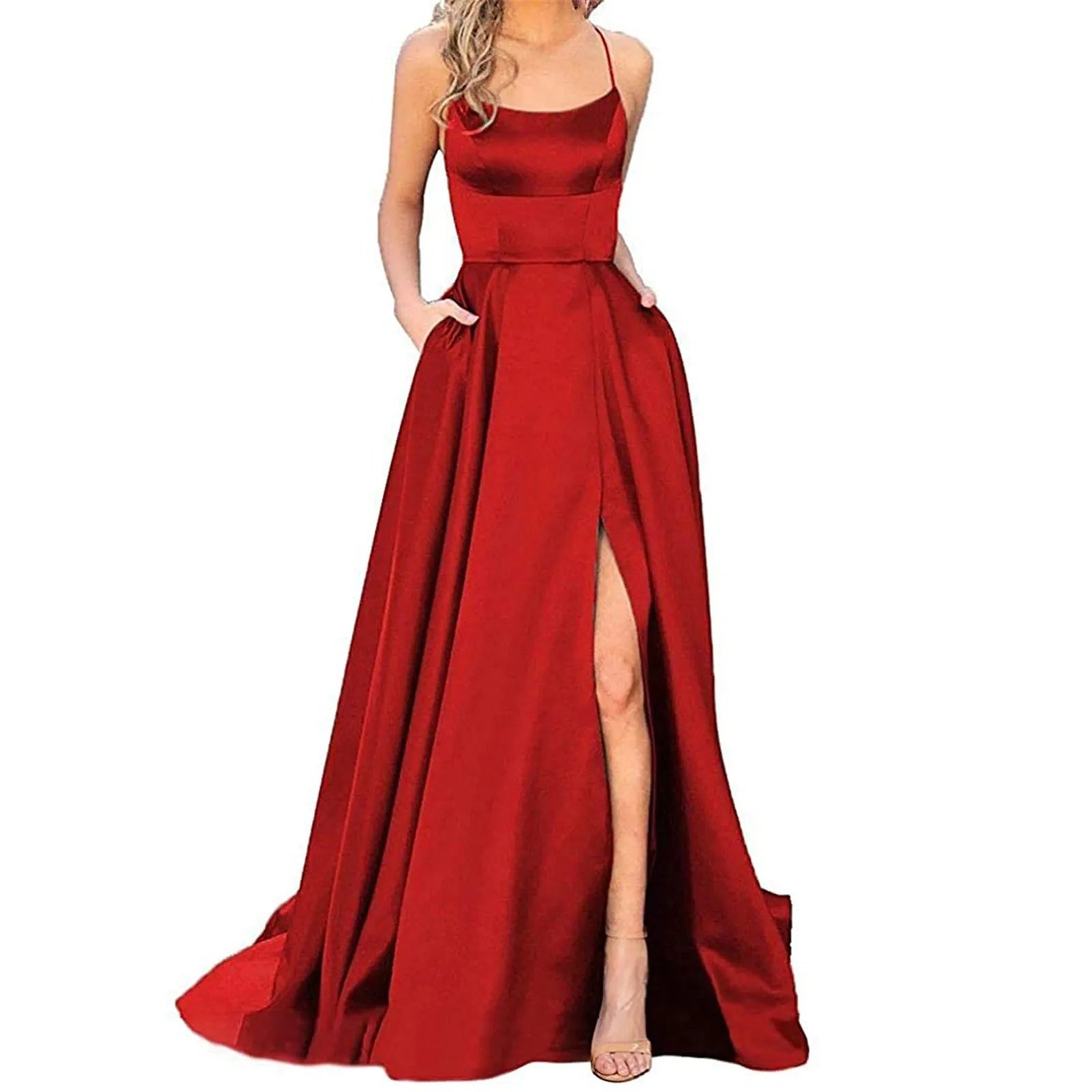 Women's Long Ball Dresses Elegant Halterneck Criss-Cross Satin Spaghetti Strap Party Prom Dress Side Slit Wedding Pockets Vedee