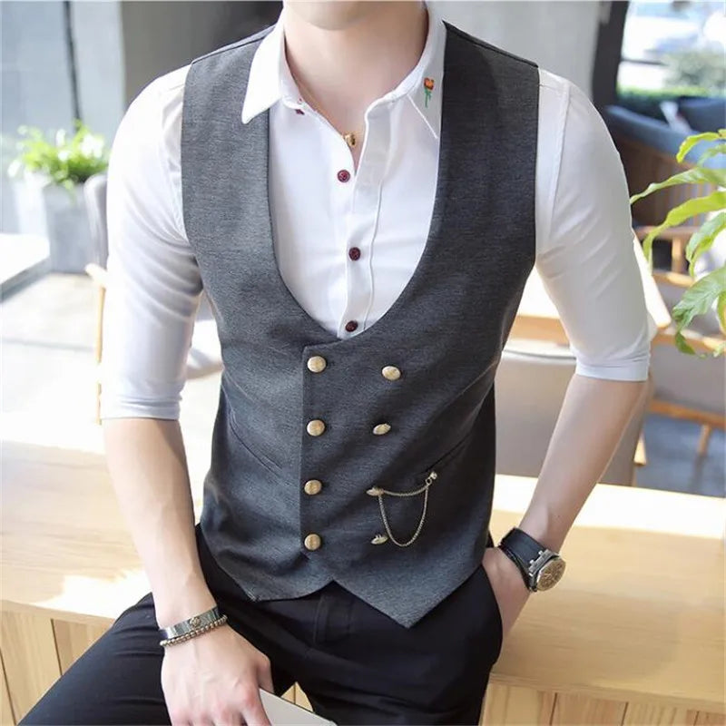 Men's Double Breasted Vest Spring 2022 New Slim Sleeveless Formal Suit Vest Gray Black Fashion Men's Business Casual Suit Vest Vedee