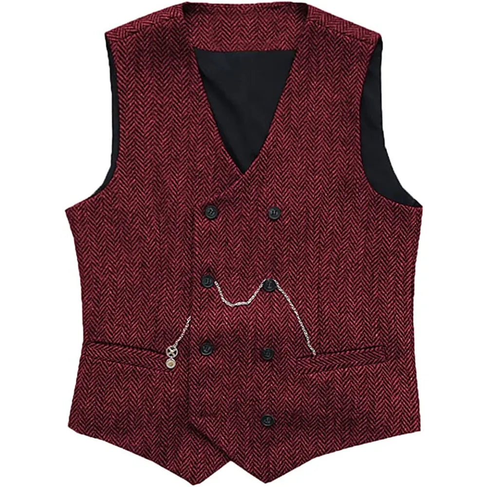 V Neck Men's  Suit Vests Herringbone Wool Tweed Double Breasted Waistcoat Tuxedo Groomsmen For  Wedding Vedee