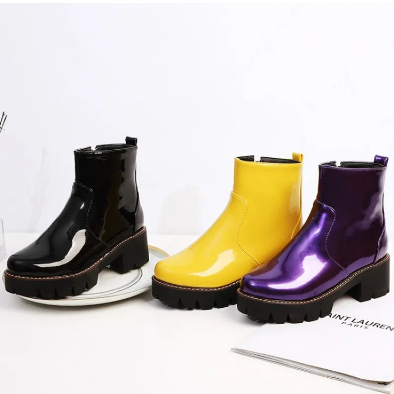 Fashion Patent Leather Women Shoes 2023 Plus Size 43 Retro Waterproof Snow Boots Solid Color Platform Ankle Boot Botas Femininas Vedee