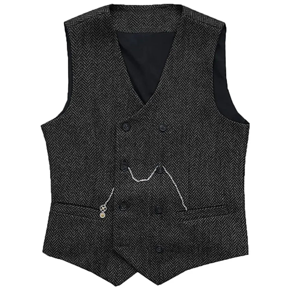 V Neck Men's  Suit Vests Herringbone Wool Tweed Double Breasted Waistcoat Tuxedo Groomsmen For  Wedding Vedee