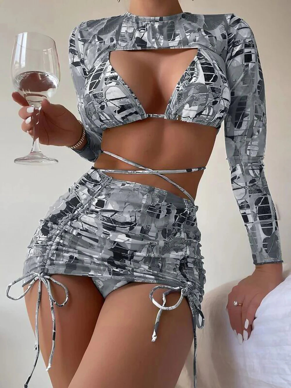 High Waist Drawstring Print Bikini Set 4 Pieces Swimsuit For Women Micro Swimwear Beachwear Long Sleeve Bathing Suit Biquini Vedee