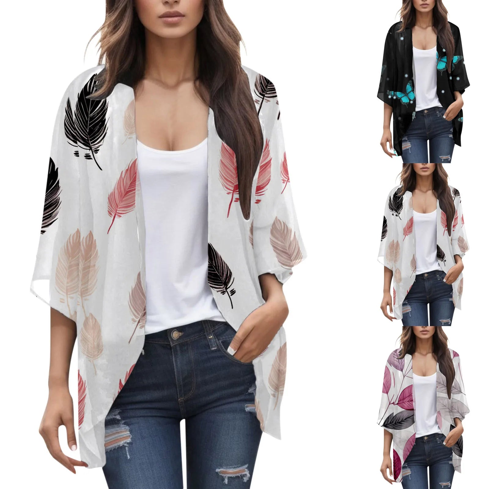 Floral Print Chiffon Cardigan Women's Puff Sleeve Loose Cover Up Oversized Female Casual T-shirt Blouse Fashion Tops Clothing Vedee