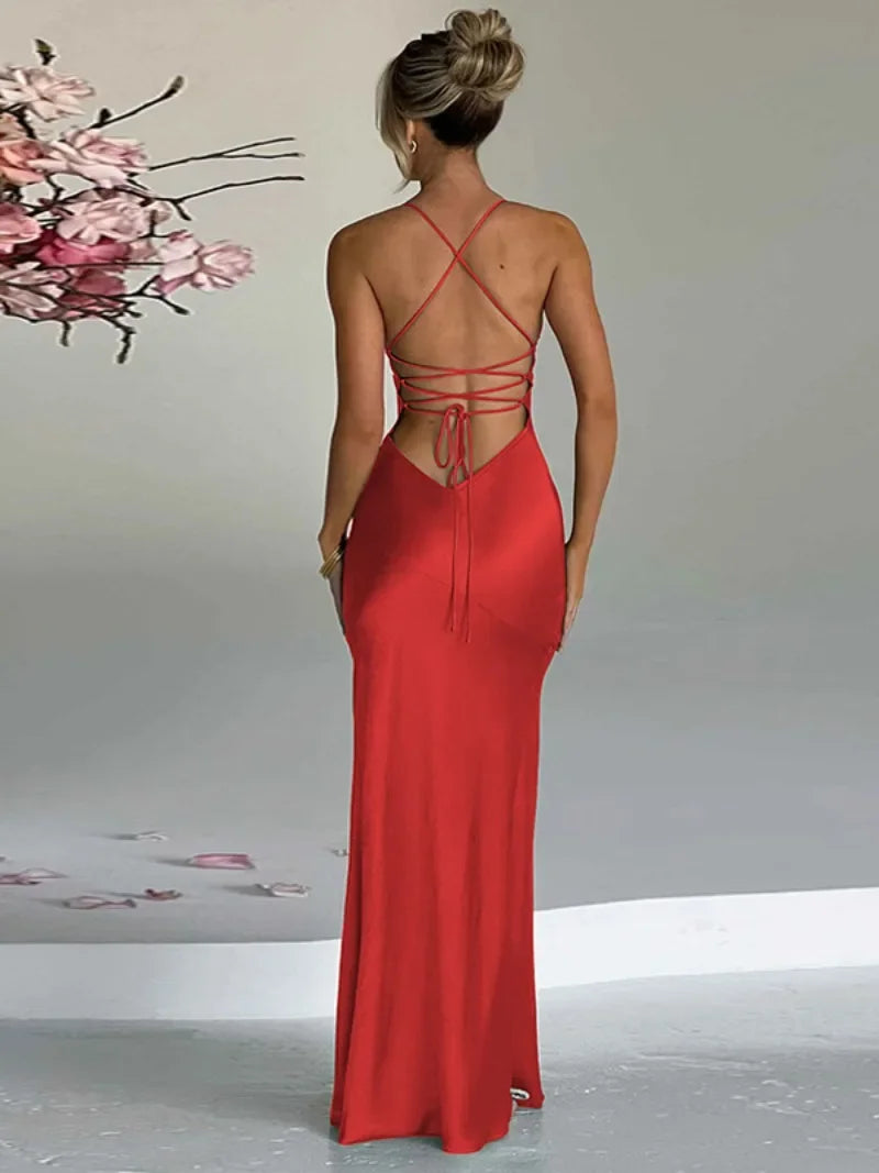 2024 Sexy Woman Clothing Sleeveless V-neck Backless Long Maxi Dresses Elegant Ladies High Waist Bandage Slit Satin Evening Dress Vedee