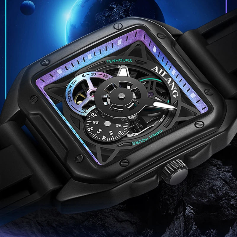 AILANG New Fashion Skeleton Mechanical Watch for Men Sports Silicone Strap Waterproof Luminous Automatic Hollow Watch Men's Vedee