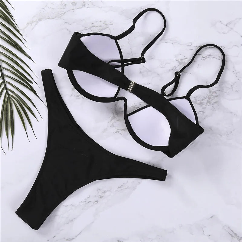 New Sexy Women'S Push Up Bikini Sets Solid Black White Low-Cut Beach Swimsuits For Women V-Neck Padded Bathing Suit Vedee