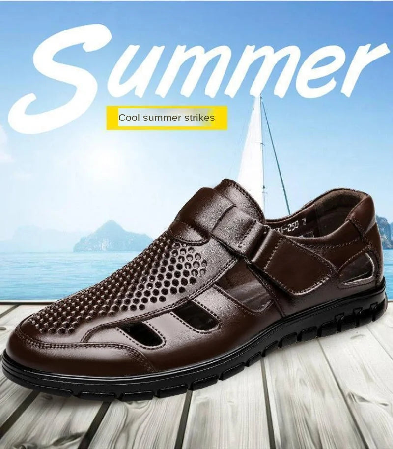 Genuine Leather Summer Special Offer Men's Business Casual Hollow Work with Holes Leather Sandals Men's Work Hole Sandals Vedee