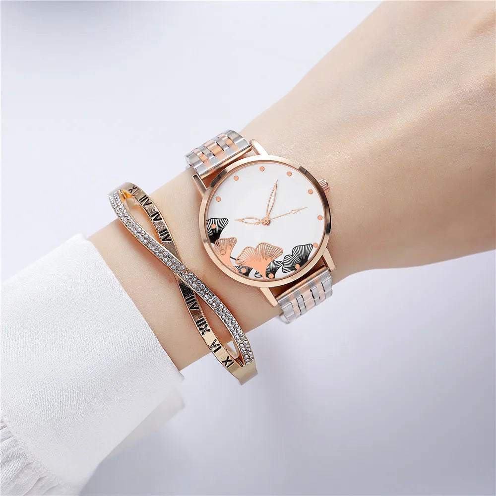 New Rhine-diamond Metal Chain Women's Quartz Watch Fashion High-grade Temperament Printed Pattern Between Gold Steel Belt Women' Vedee