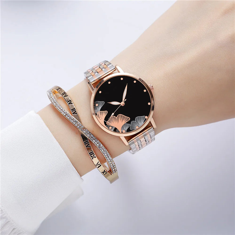 New Rhine-diamond Metal Chain Women's Quartz Watch Fashion High-grade Temperament Printed Pattern Between Gold Steel Belt Women' Vedee