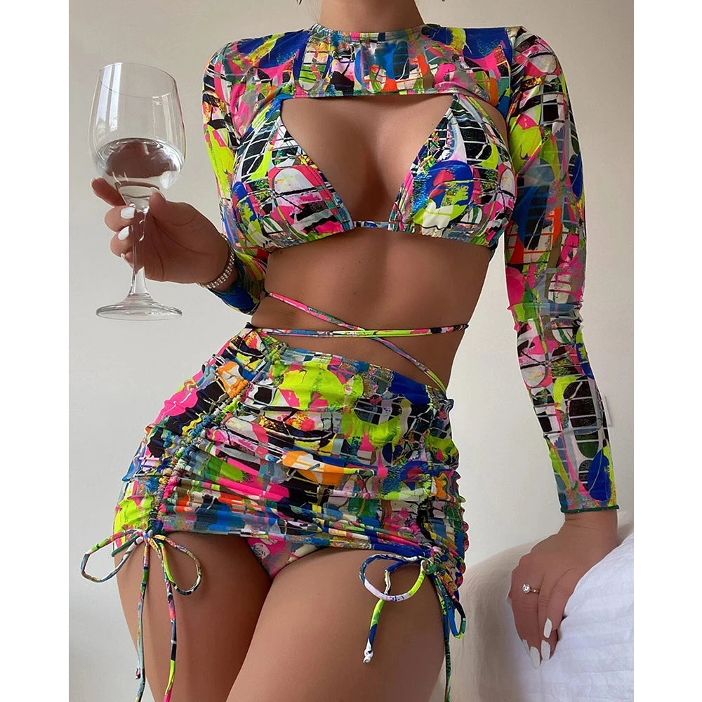 High Waist Drawstring Print Bikini Set 4 Pieces Swimsuit For Women Micro Swimwear Beachwear Long Sleeve Bathing Suit Biquini Vedee