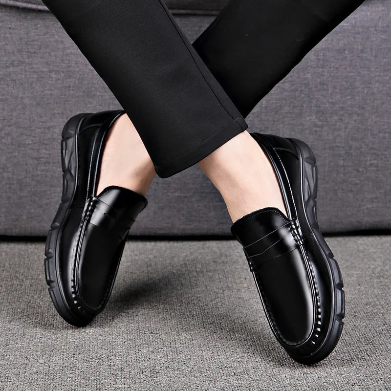 Korean style men's casual business wedding formal dress shoes slip-on driving shoe black tide original leather loafers slippers Vedee