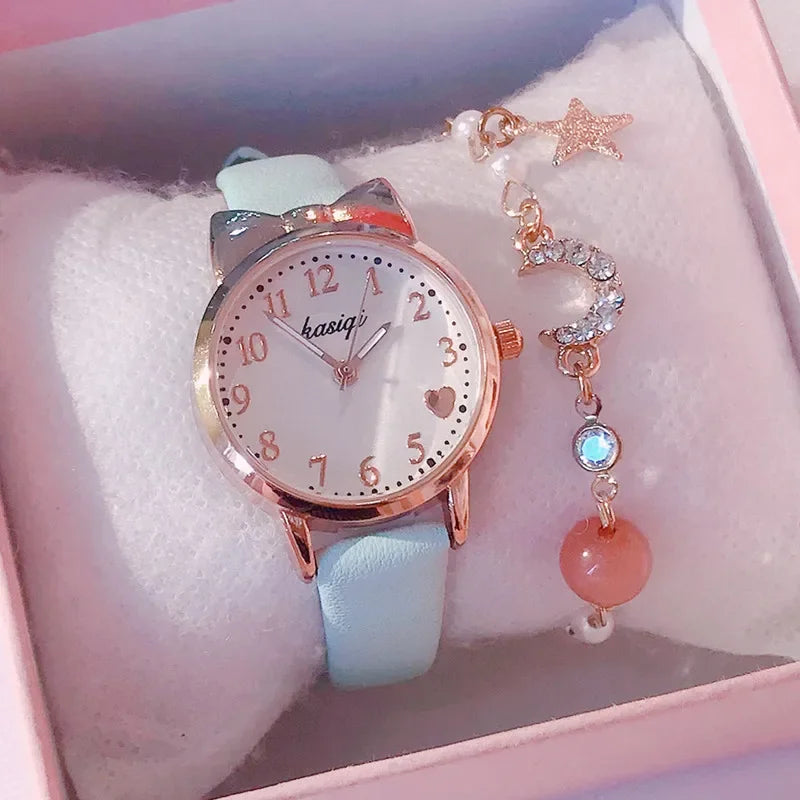 2023 Ins Fashion Women's Watch Cute Heart Female Student Quartz Watches Leather Strap Star Moon Bracelet+Watch Set Gift Relojes Vedee