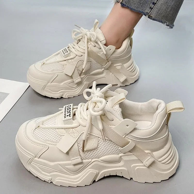 Women's Platform Chunky Sneakers 2023 New Lace Up Breathable Mesh Running Shoes for Women Fashion Durable Ladies Tennis Shoes Vedee