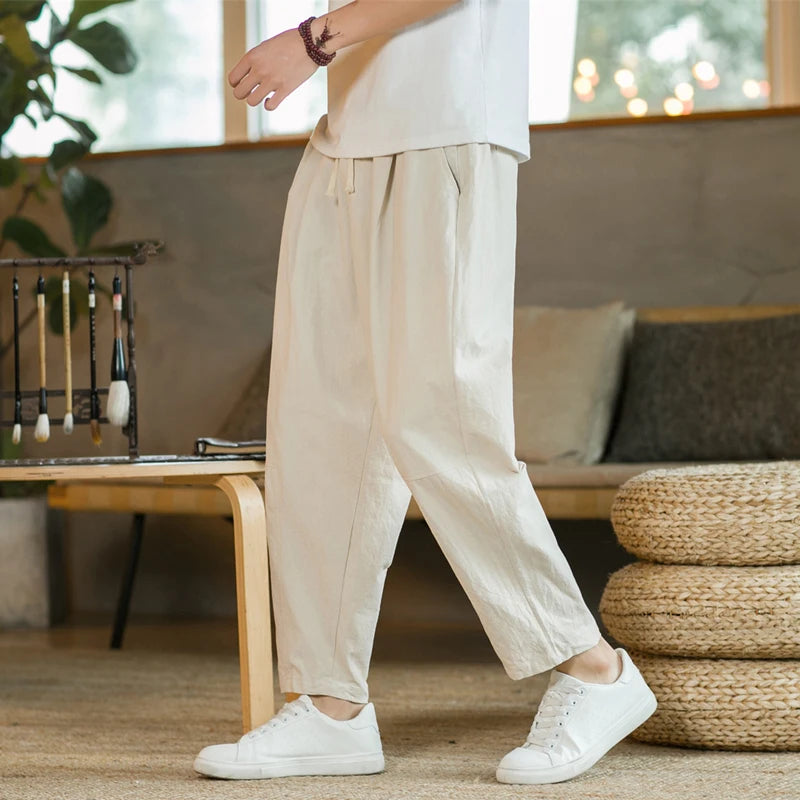 2023 Summer Men's Trousers Cotton Linen Fashion Casual Pants Solid Color Breathable Loose Shorts Straight Pants Streetwear M-5XL Vedee