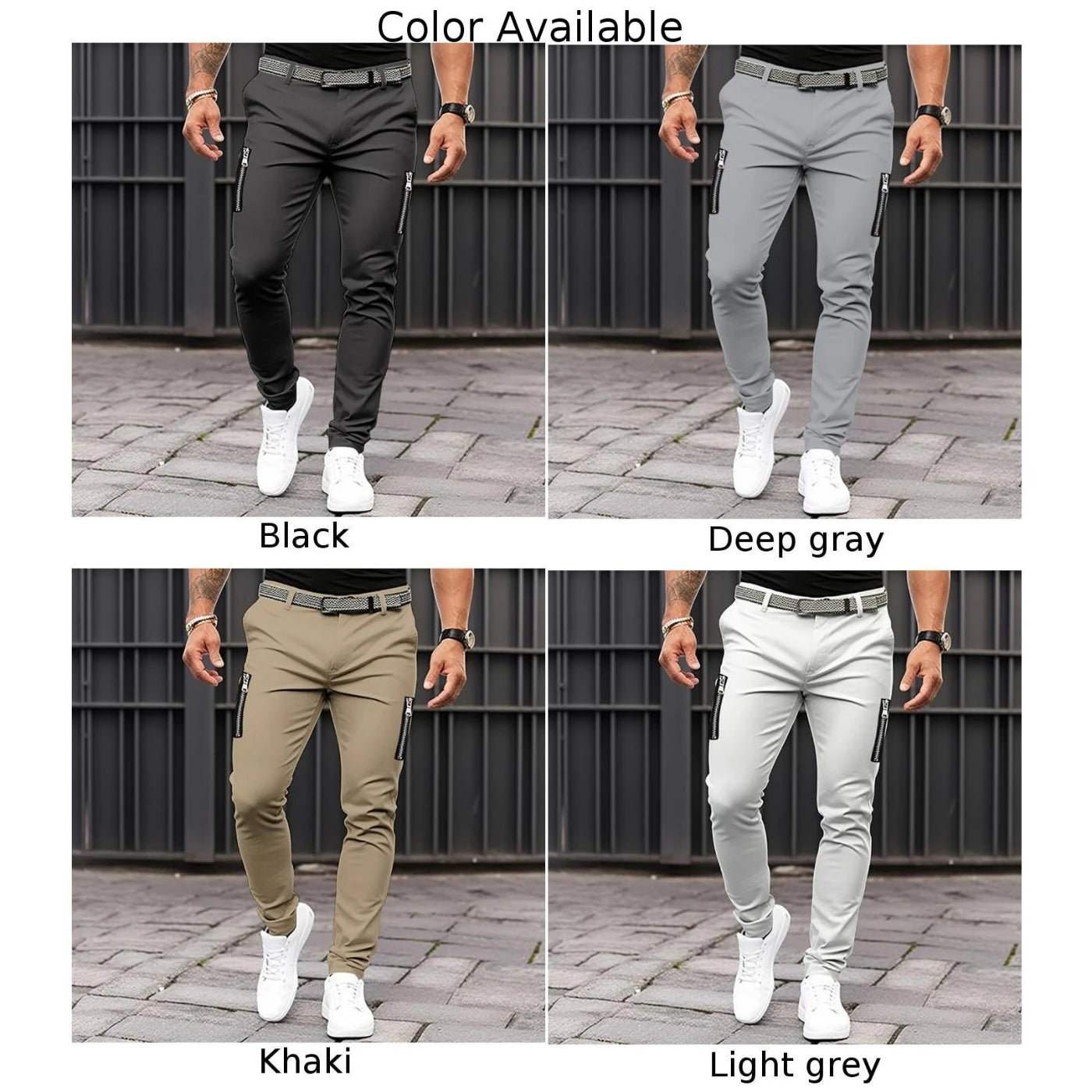 Mens Slim Fit Stretch Skinny Zip Up Pockets Chino Trousers Casual Flat Front Flex Classic Full Pants Solid Daily Men's Leggings Vedee