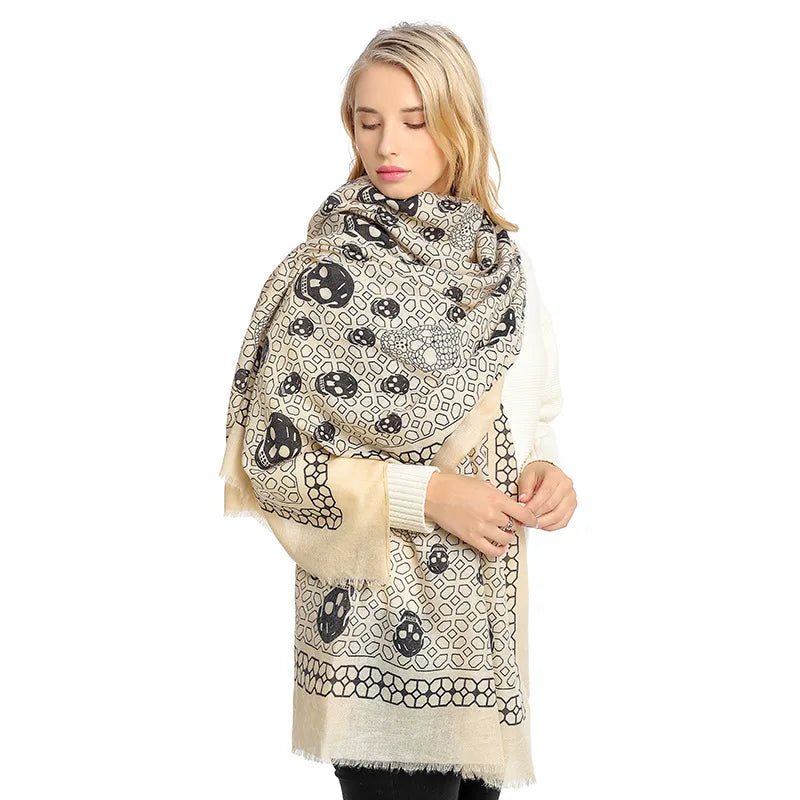 Skull Print Women Scarf Winter Shawl Cotton and Linen Ladies Scarves Womens Long Shawls Wraps Foulard Shawl High Quality Vedee