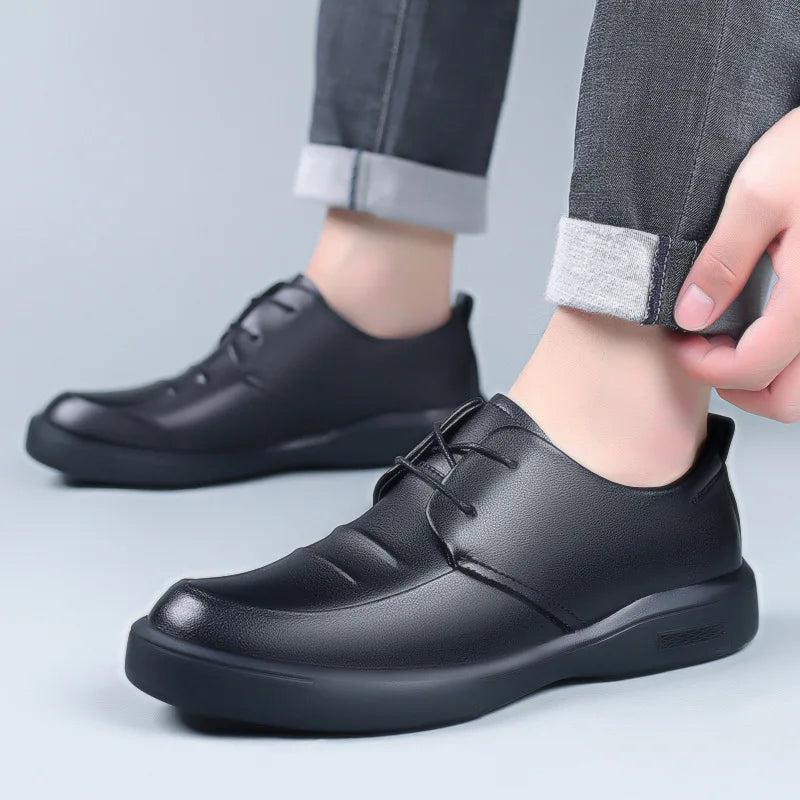 Men's New Black Business Casual Leather Shoes Men's British Korean Version of A Slip-on Trend Round Head Business Shoes Vedee