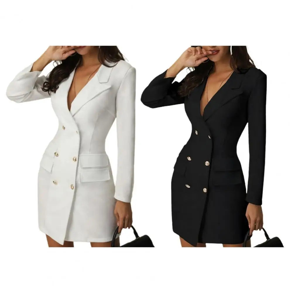 Women's Dress Blazer Dress Solid Color Double Breasted Spring Autumn Waist Tight Hip Wrap Dress for Wedding Office  Daily Wear Vedee