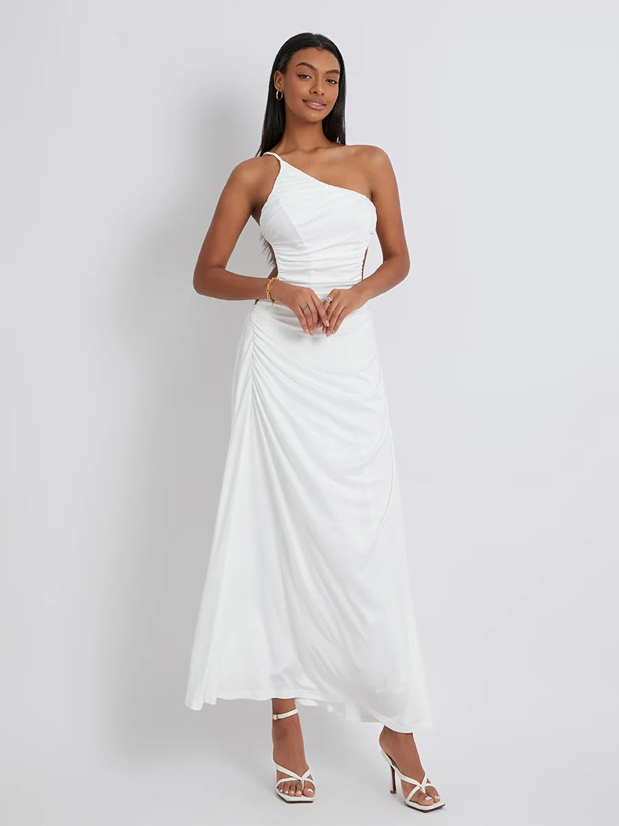 Womens One Shoulder Long Dress Elegant Sleeveless Halter Neck Bodycon Maxi Dress Slim Fit Sexy Cocktail Wedding Dress Vedee