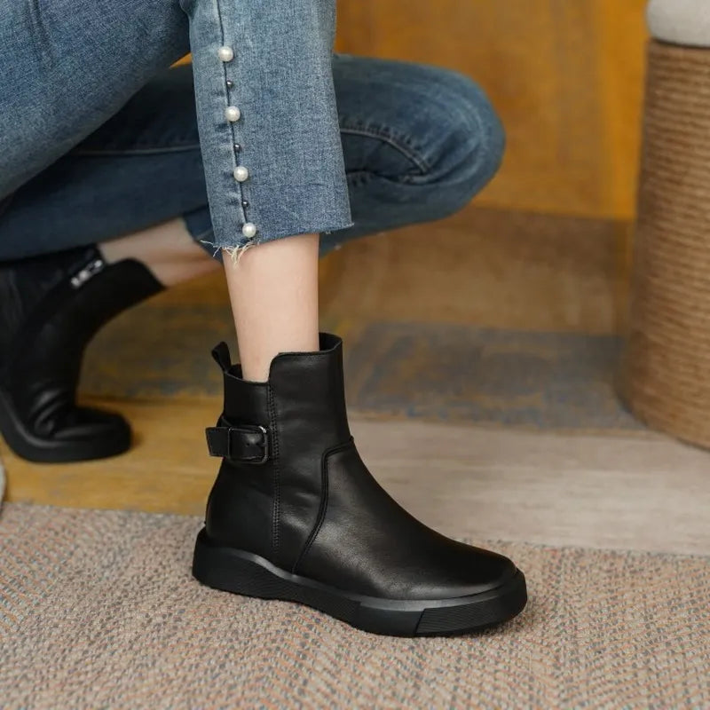 2024 New Retro Boots for Women Autumn Winter Women's Shoes Leather Casual Flat Ankle Boots Female Platform Short Boots Vedee