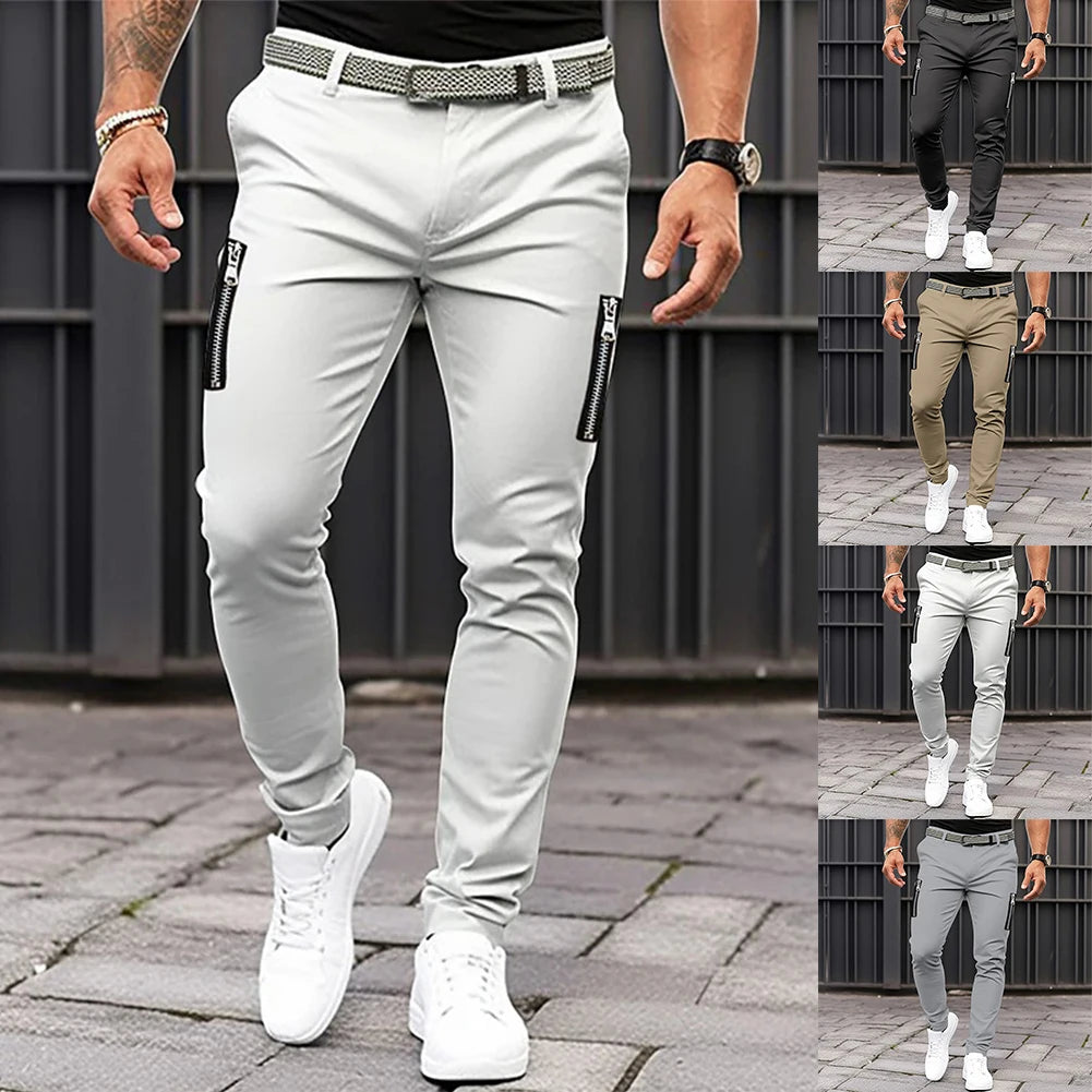 Mens Slim Fit Stretch Skinny Zip Up Pockets Chino Trousers Casual Flat Front Flex Classic Full Pants Solid Daily Men's Leggings Vedee