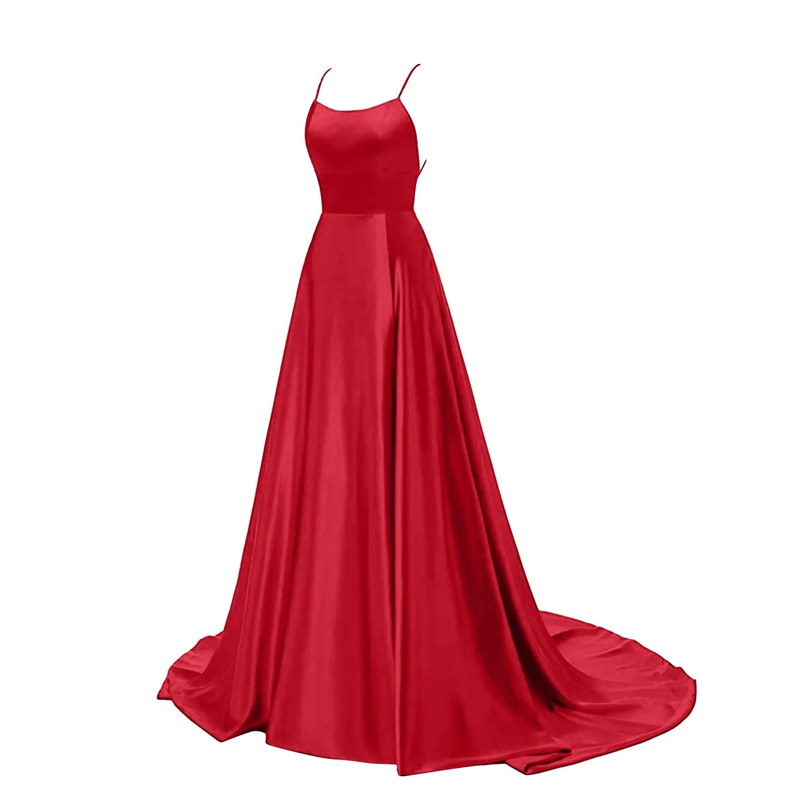 Women's Long Ball Dresses Elegant Halterneck Criss-Cross Satin Spaghetti Strap Party Prom Dress Side Slit Wedding Pockets Vedee