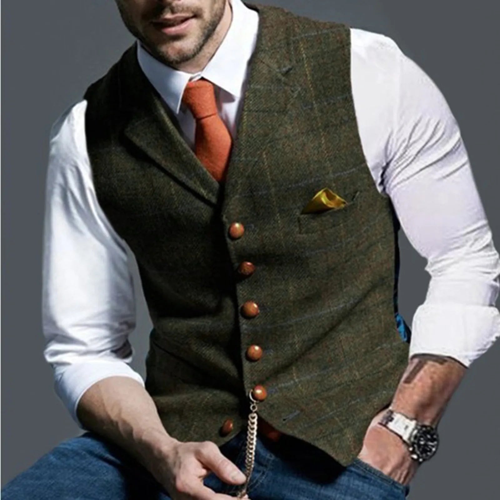 Men's Casual Classic Suit Vest V Neck Herringbone Tweed Slim Fit Business Waistcoat For Wedding Men's Lapel Plaid Vest Vedee