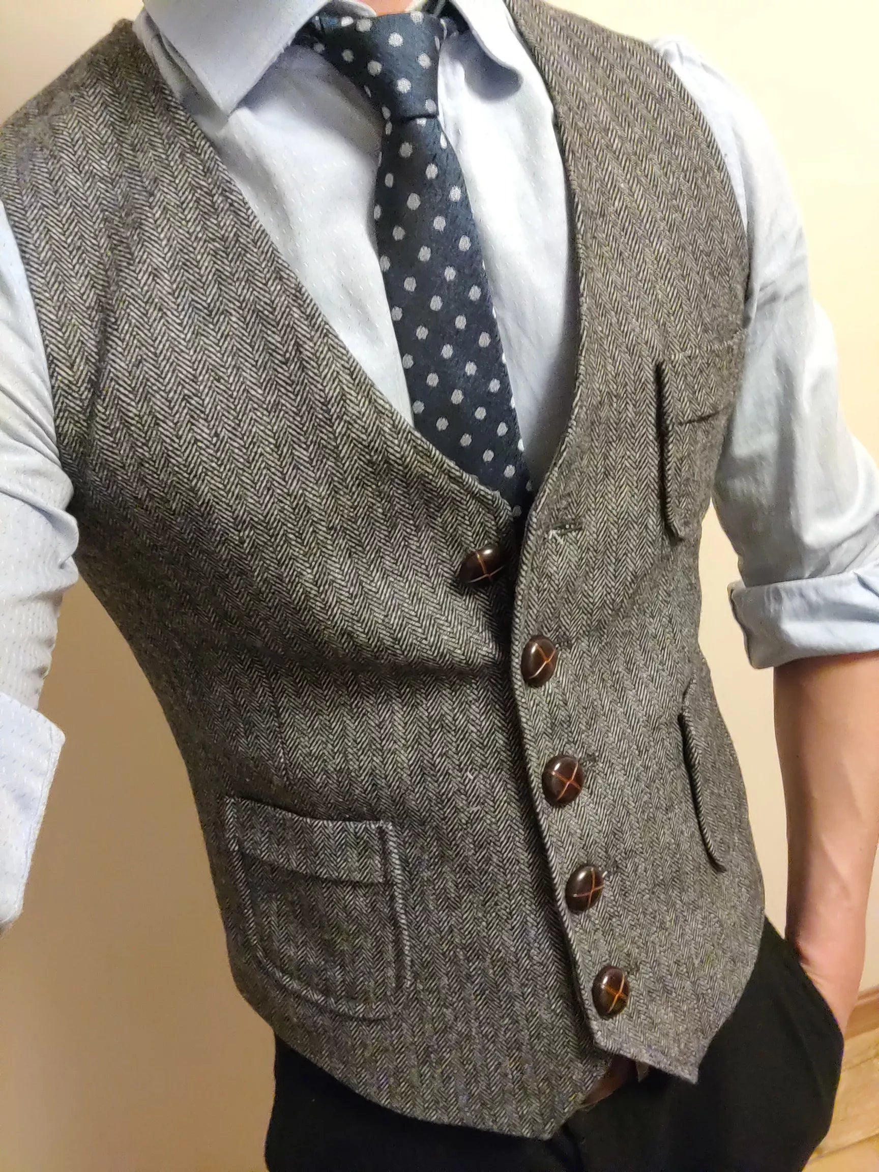 Men's Formal Suit Vest V-Neck Tweed Herringbone Waistcoat Business Dress Suit Vests for Wedding Vedee