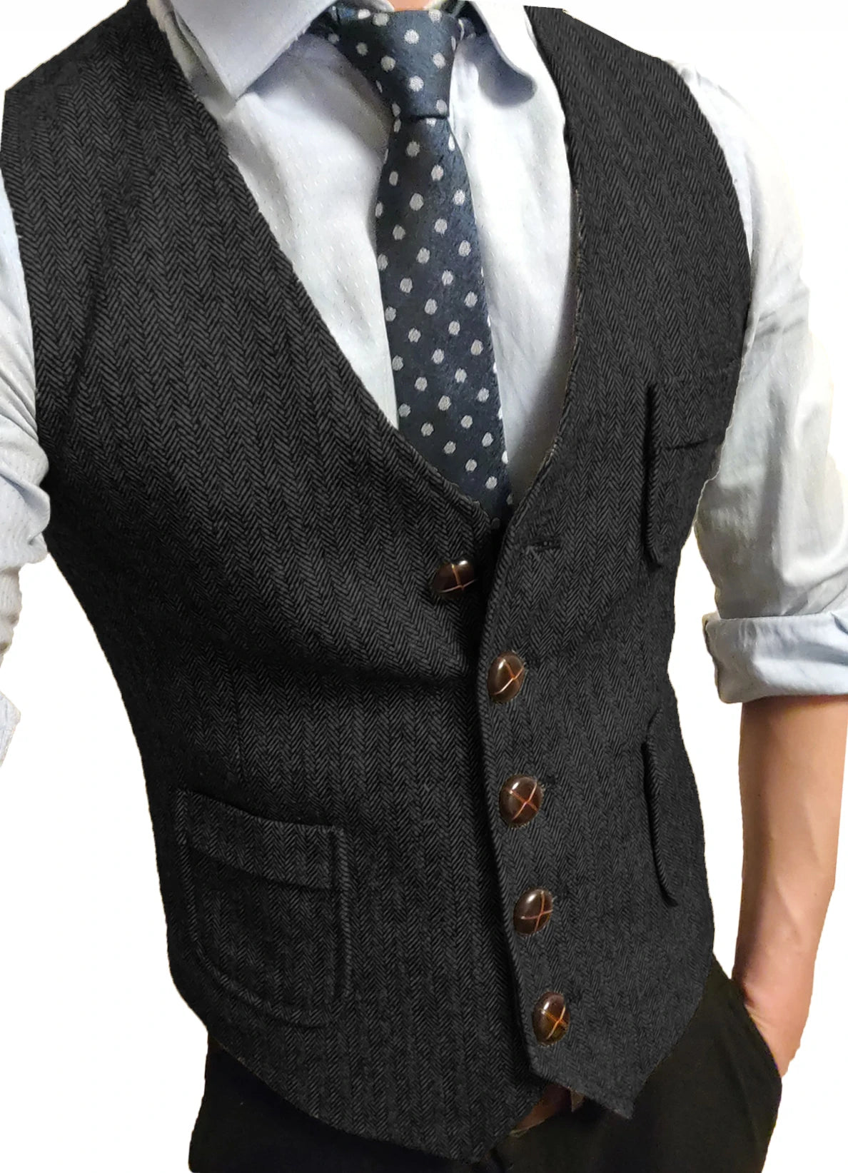 Men's Formal Suit Vest V-Neck Tweed Herringbone Waistcoat Business Dress Suit Vests for Wedding Vedee