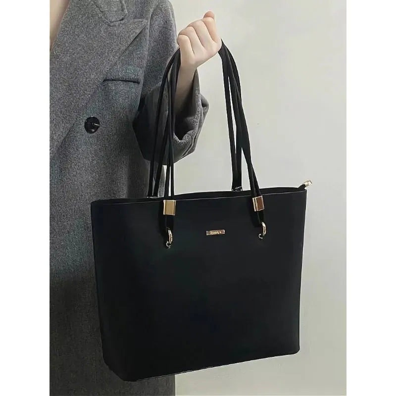 Black PU Tote Bag 2023 New Women's High Capacity Minimalist Zipper Shoulder Bag Classic Fashion Classroom Commuter Handbag Tide Vedee