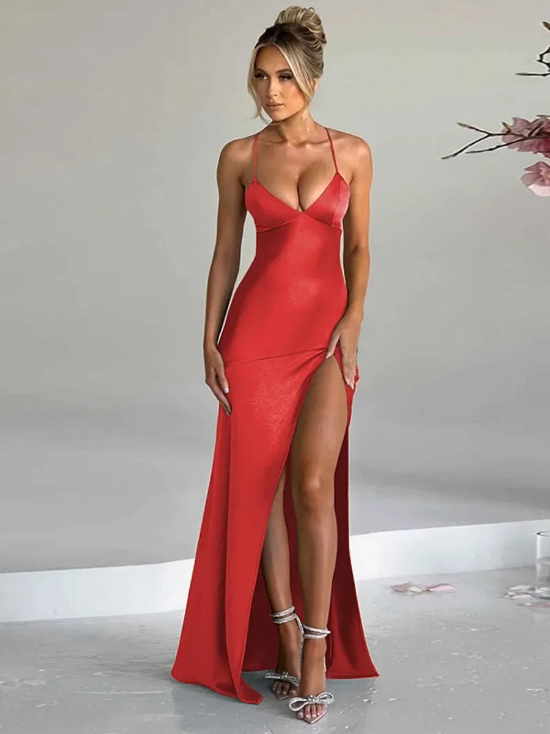 2024 Sexy Woman Clothing Sleeveless V-neck Backless Long Maxi Dresses Elegant Ladies High Waist Bandage Slit Satin Evening Dress Vedee