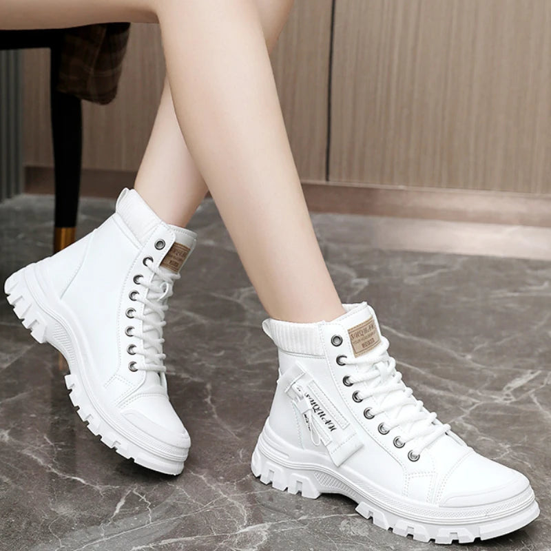 Shoes for Women 2023 Hot Sale Lace Up Women' Boots Autumn Round Toe Mixed Colors Platform Water Proof Short Barrel Fashion Boots Vedee