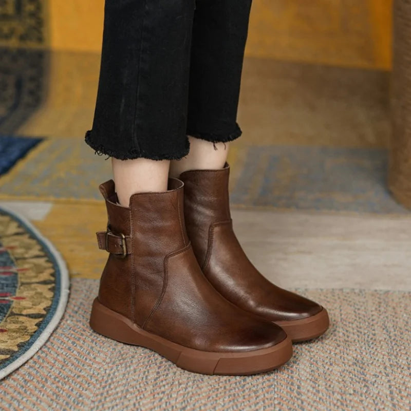 2024 New Retro Boots for Women Autumn Winter Women's Shoes Leather Casual Flat Ankle Boots Female Platform Short Boots Vedee