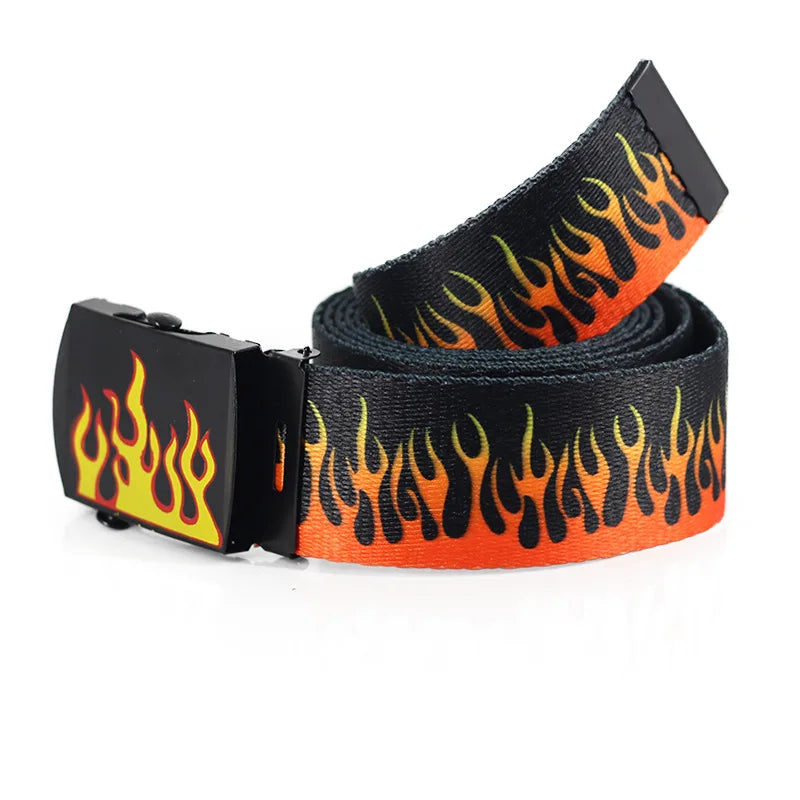 New Style Flame Print Men Women Unisex Plain Webbing Belts High Quality Nylon Belts Fashion Men's Jeans Waist Belt Longer 160cm Vedee