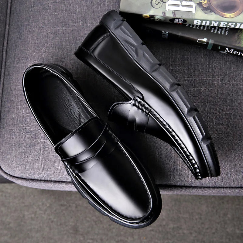 Korean style men's casual business wedding formal dress shoes slip-on driving shoe black tide original leather loafers slippers Vedee