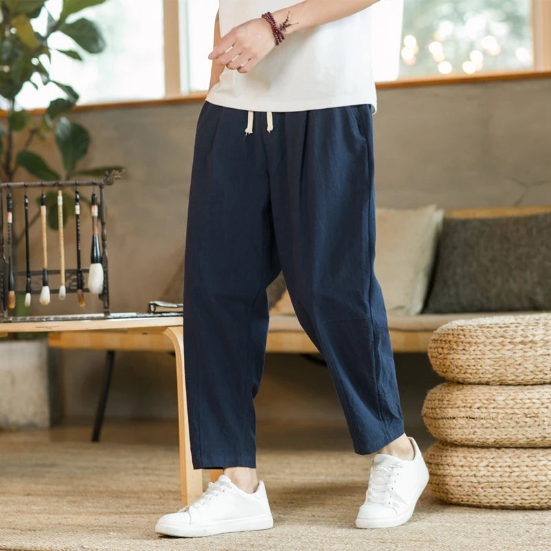 2023 Summer Men's Trousers Cotton Linen Fashion Casual Pants Solid Color Breathable Loose Shorts Straight Pants Streetwear M-5XL Vedee