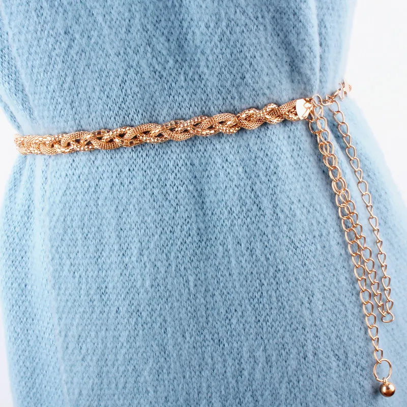 Gold Silver Metal Braided Woven Waist Chain Belts for Women Vintage Slim Corset Hip High Waistband Female Luxury Straps Vedee