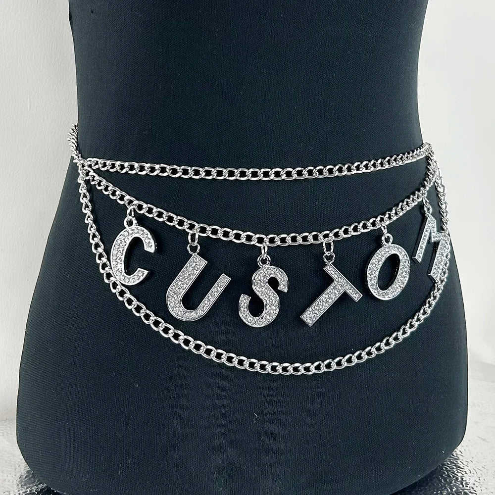 Crystal Custom DIY Big Letters Waist Chain Belt Sexy Women Rhineston Statement Name Letter Body Chain Cosplay Accessory Gift Vedee