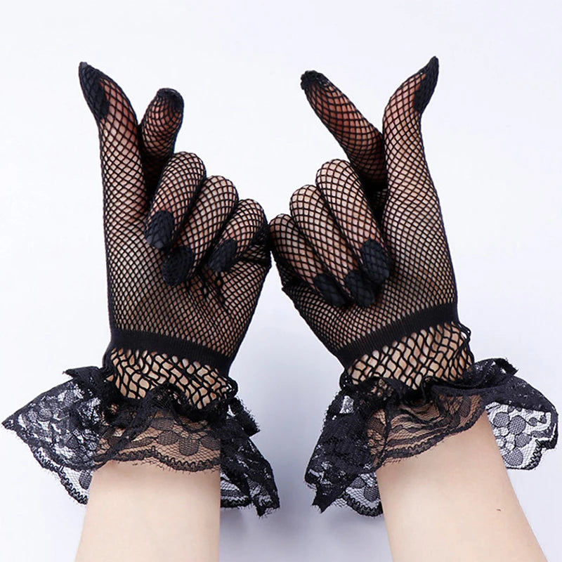 Women Black White Summer Uv-proof Driving Gloves Mesh Fishnet Gloves Lace Mittens Full Finger Girls Lace Fashion Gloves Vedee