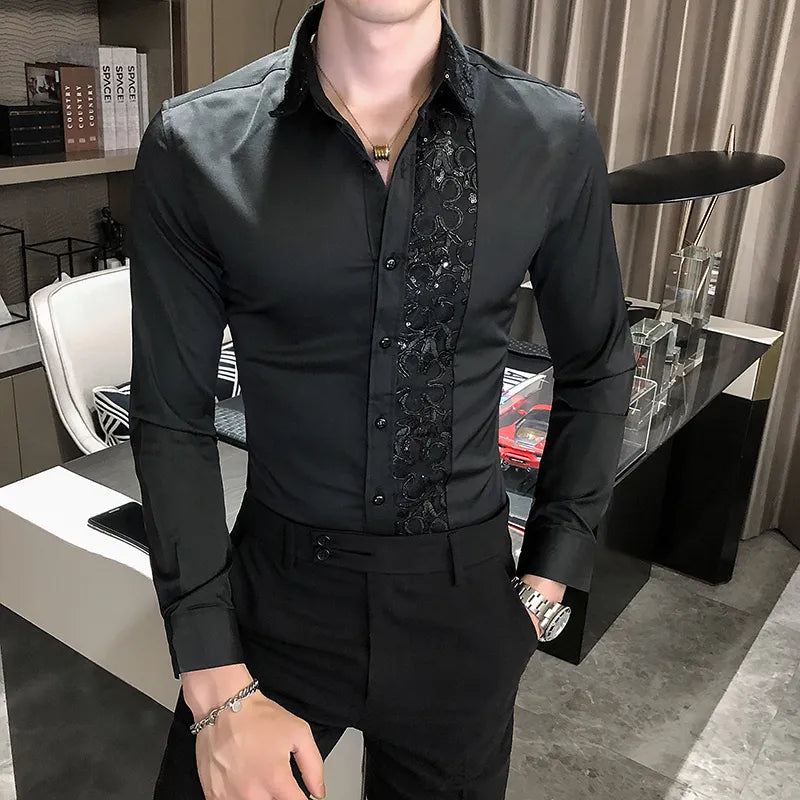 British Style Shine Lace Splicing Personality Banquet Dress Shirts Men's Brand Slim Tuxedo Shirt Solid Color Super Stage Costume Vedee