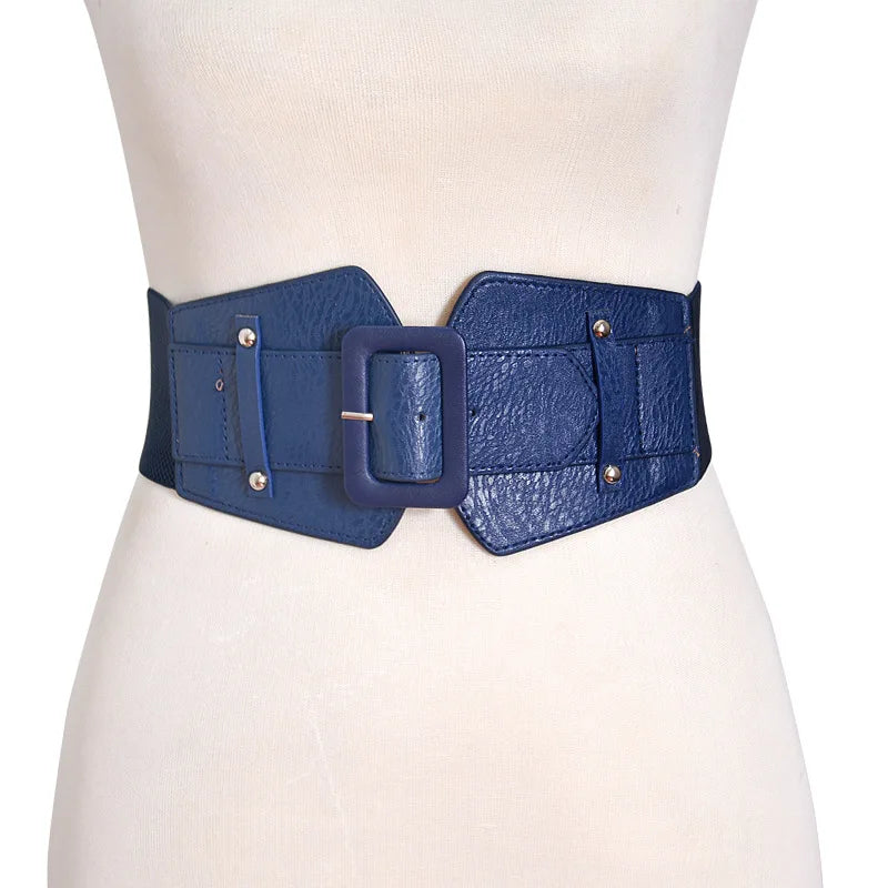 New Fashion Elastic Wide Belt Strap Vintage Women PU Leather Buckle Elastic Wide Belt Strap Solid Color Waistband Vedee