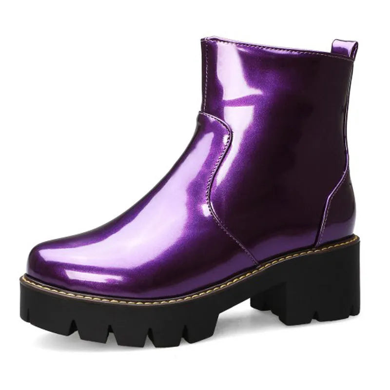 Fashion Patent Leather Women Shoes 2023 Plus Size 43 Retro Waterproof Snow Boots Solid Color Platform Ankle Boot Botas Femininas Vedee