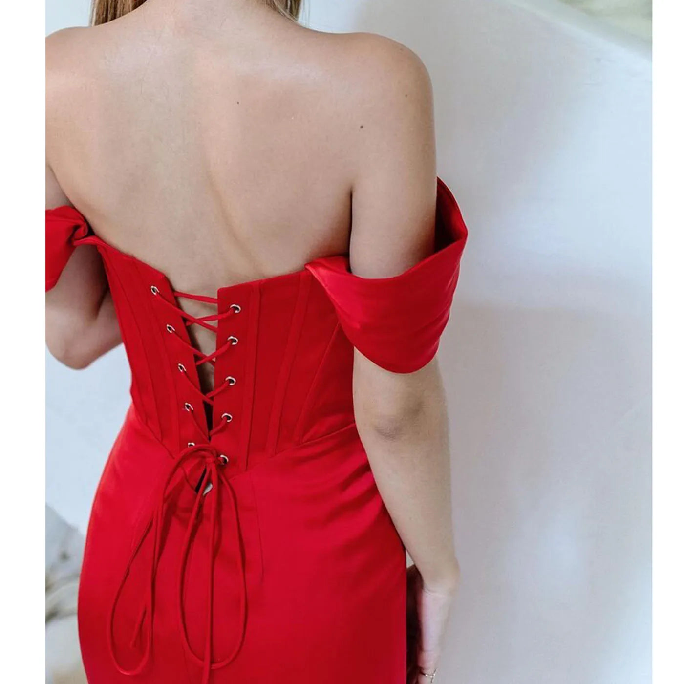 New Summer Dresses Women'S Suspenders Short-sleeved Solid Color Dress One-word Neck Halter Fishbone Slit Red Sexy Dress Vedee