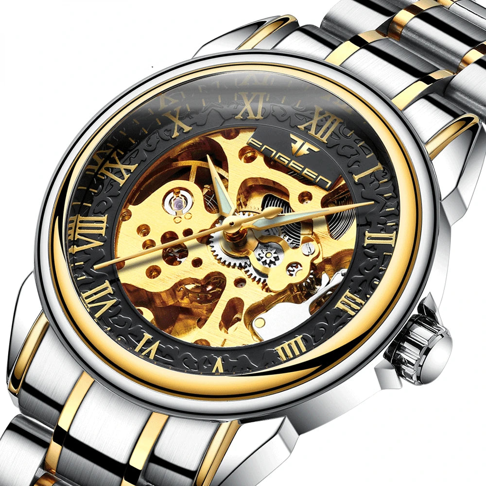 Men's Watch Fashion Luxury Automatic Mechanical Watch Stainless Steel Waterproof Sports Clock Hollow Skeleton Luminous Hands Vedee