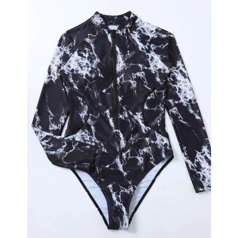 Summer Print Zipper One Piece Swimsuit Closed Long Sleeve Swimwear Sports Surfing Women's Swimming Bathing Suit Beach Bather Vedee