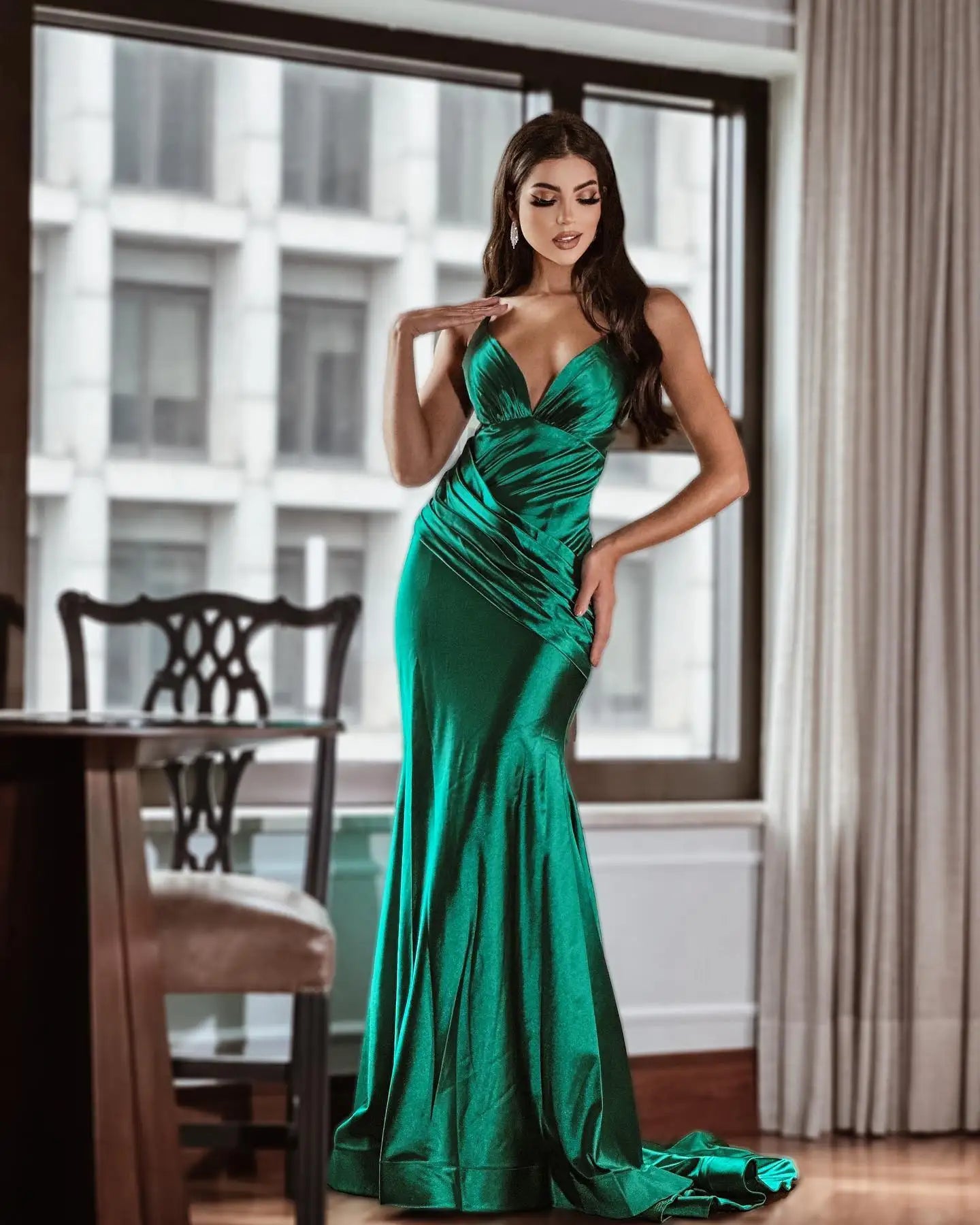 Summer Women's Prom Dress V-Neck Sling Sleeveless Solid Dresses Sexy Backless Skinny Green Satin Dress Vedee