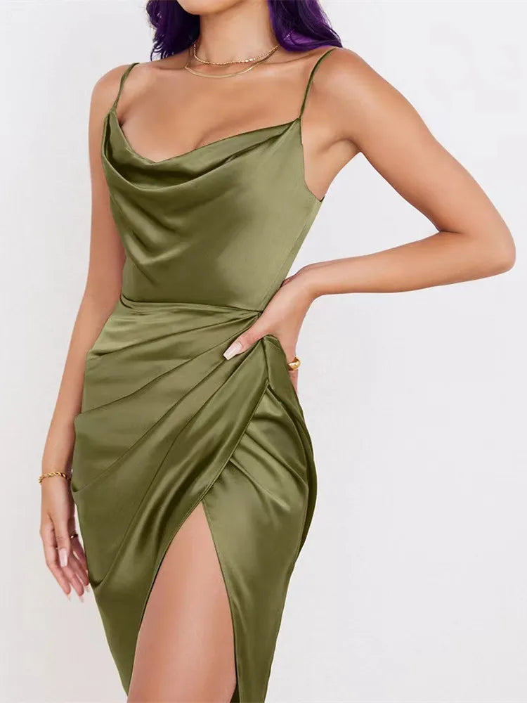 Swing Collar Sexy Backless Split Satin Mini Dress Summer Club Party Sling Skirt Folds High Waist Elegant Women Dresses 2023 Vedee